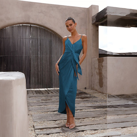 Simplee Casual Green V-neck Strap Midi Women Dress 2021 Asymmetrical Belt Holiday A-line Summer Dress Sleeveless Party Vestidos