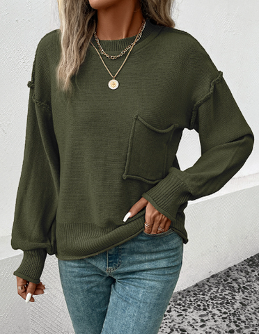 Solide Oberteile mit geteilter Naht und Tasche und Rundhalsausschnitt