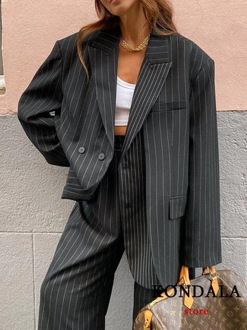 Striped V-Neck Blazer: Casual Office for 2024 Autumn with Pockets