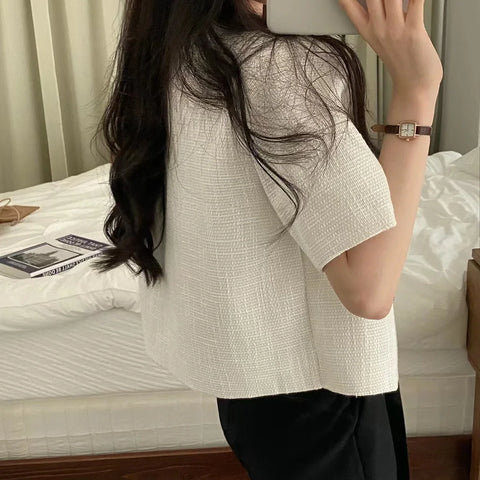 Korean Office Style Round Neck Tweed Jacket