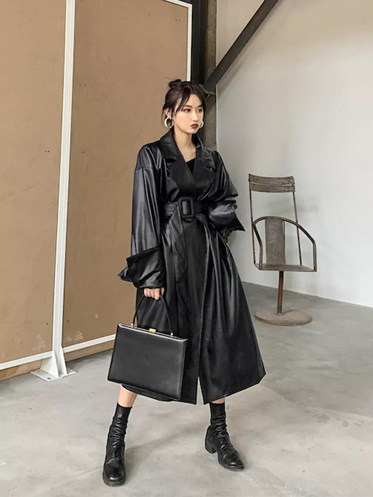 S-7XL Plus Size Faux Leather Trench Coats