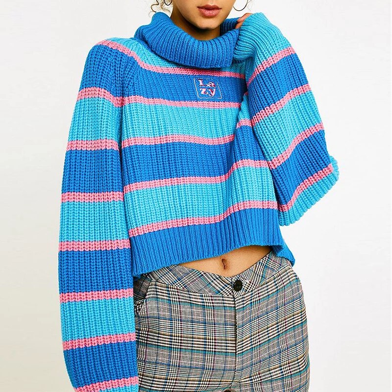 Oversized Sweater Striped Turtleneck Knit Pullover