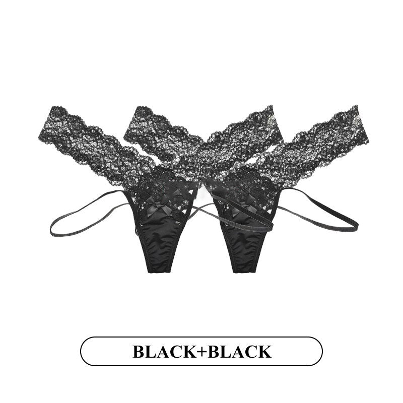 2PCS/Set Lace Panties Low-waist Temptation Lingerie Femal Cross Strap G String Thong Hollow out Underwear