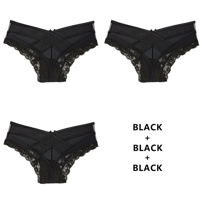 3pcs/Lot Panties Lace Low-Waist Brief Female Underwear Lady Cross Strap Hollow Out Lingerie G String Underpant