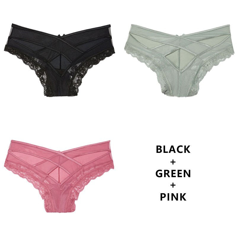 3pcs/Lot Panties Lace Low-Waist Brief Female Underwear Lady Cross Strap Hollow Out Lingerie G String Underpant