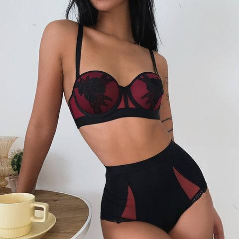 Französische hochwertige Dessous-Unterwäsche Push-Up-Spitzenstickerei-Büstenhalter-Sammel-BH mit hoher Taille und Höschen-Sets