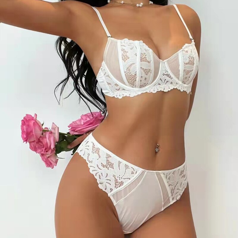 French Ultra Thin Lace Underwear Sets Push Up Brassiere Transparent Bra Lingerie Female Underwire Panties Set