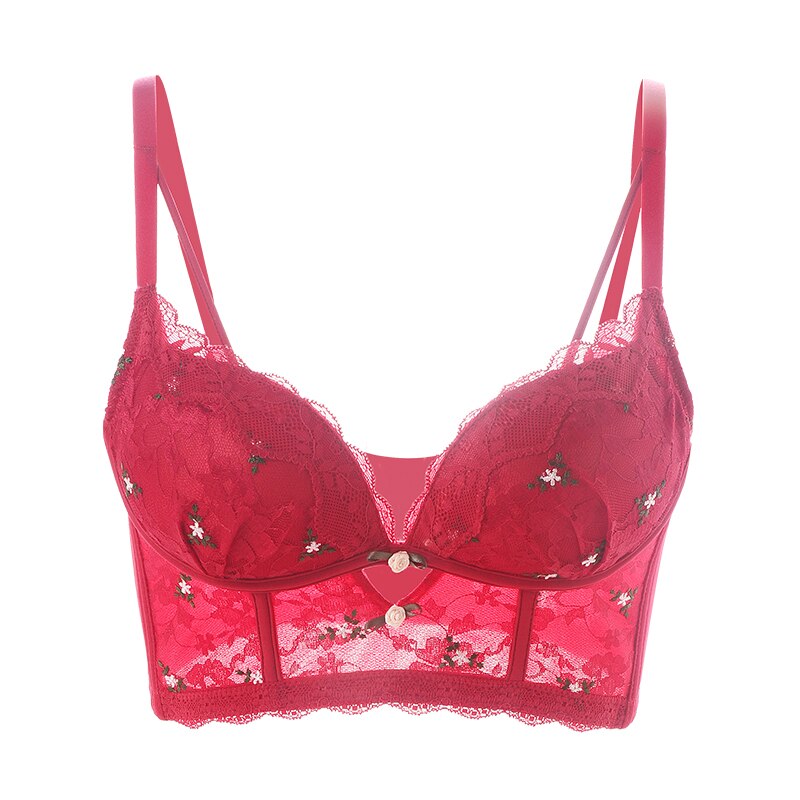 French Wedding Bra Embroidered Lace Underwear New Year Red Push Up Brassiere Lingerie Gather Underwire Bralette