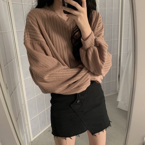 Loose Style Long Sleeve V-Neck Oversized Sweater