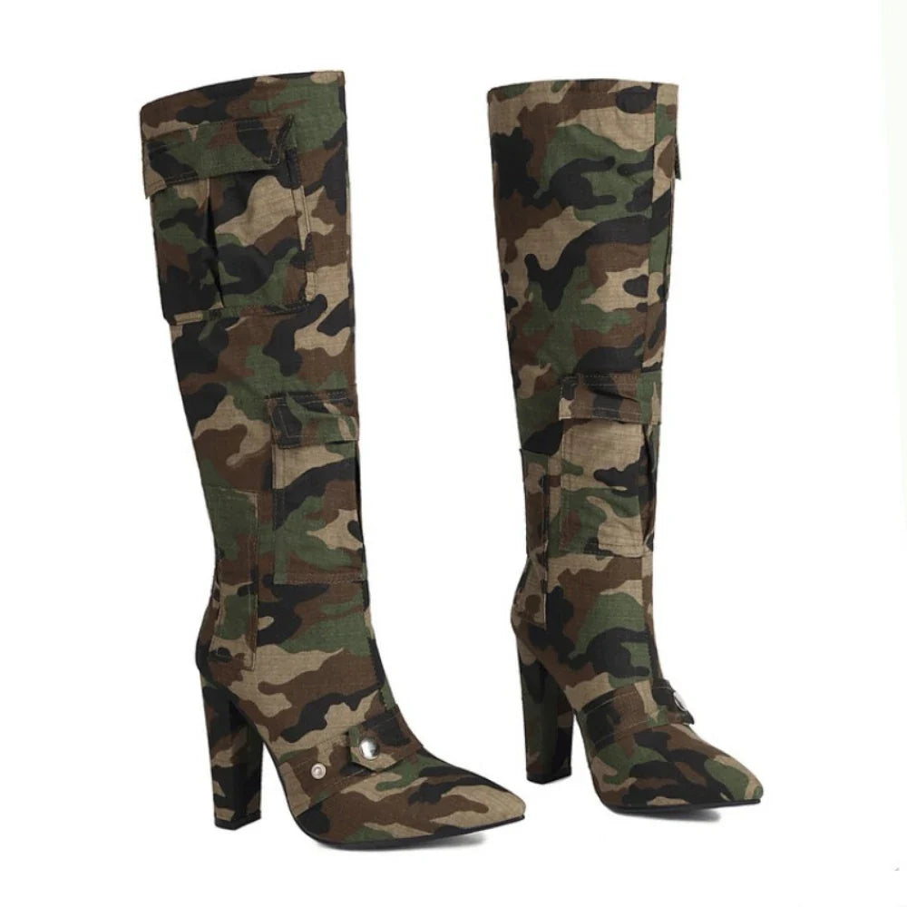 Designer Camouflage Themed Knee Length High Heel Boots