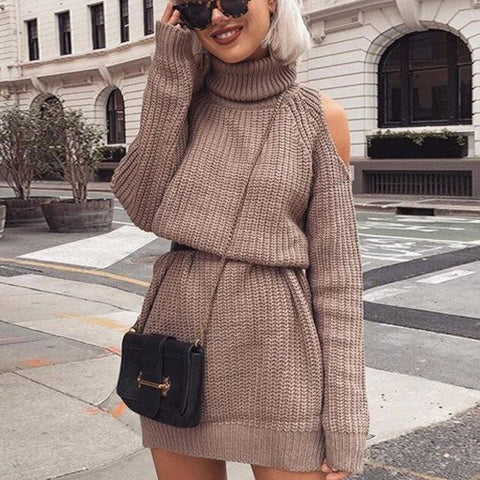 Long Turtleneck Off Shoulder Knit Sweater