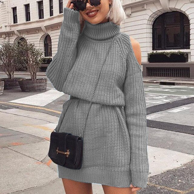 Long Turtleneck Off Shoulder Knit Sweater