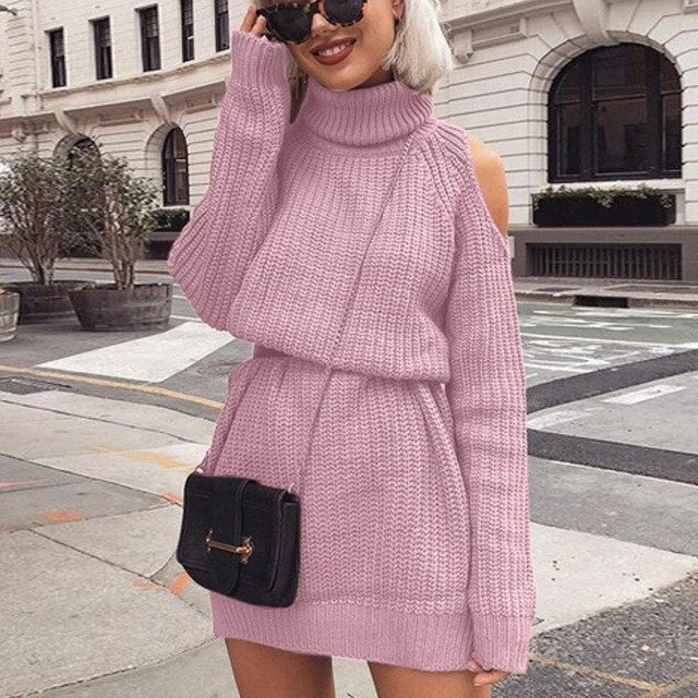 Long Turtleneck Off Shoulder Knit Sweater