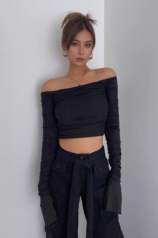 Off Shoulder Pleated Crop Tops Shirt