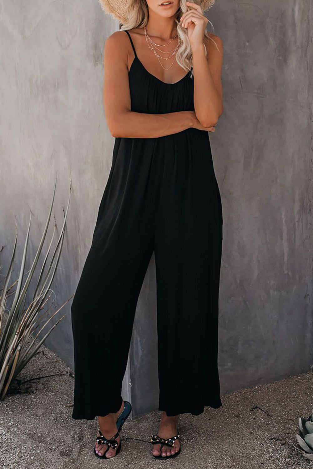 Solid Patchwork Spaghetti Strap Loose Jumpsuits