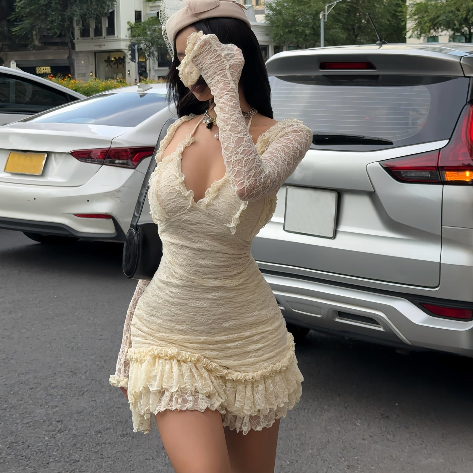 Lace waistcoat stitching halterneck dress set