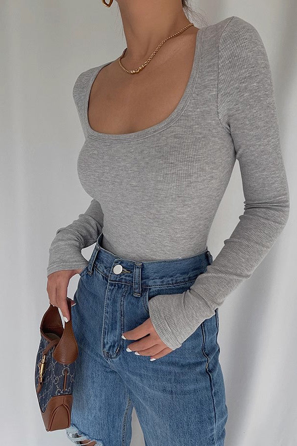 Long Sleeve Scoop Neck Ribbed Tops Fitted Basic Shirts