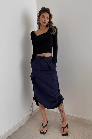 Drawstring Waist Slant Pocket Skirt