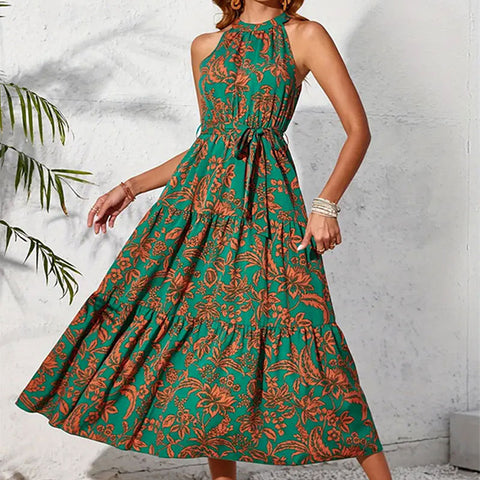 Halter Sleeveless Ethnic Print Long Dress