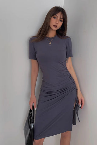 Solid Short Sleeve Drawstring Side Split Dress