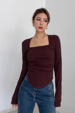 Long Sleeve Scoop Neck Tops Fitted Cut Out T-Shirt