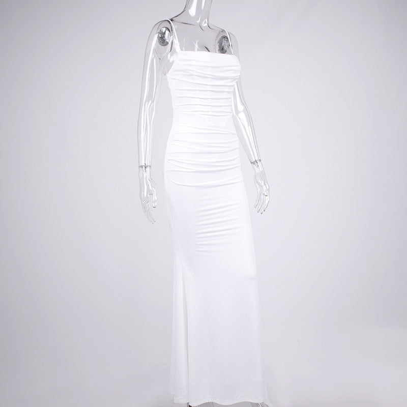 Vintage Square Neck Ruched Corset Fishtail Evening Maxi Dress - White