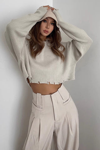 Ripped Rib-knit Raw Trim Sweater Tops