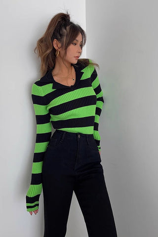 Striped Print Long Sleeve Rib-knit Sweater