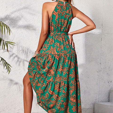 Halter Sleeveless Ethnic Print Long Dress