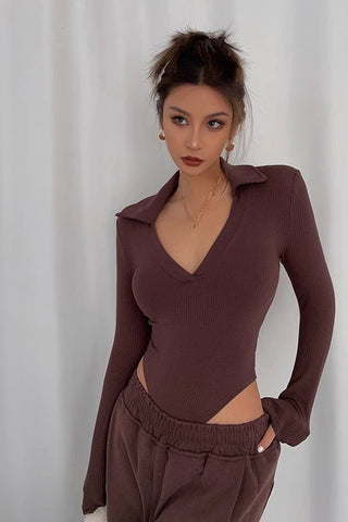 Long Sleeve Warp V Neck Fitted Jumpsuit