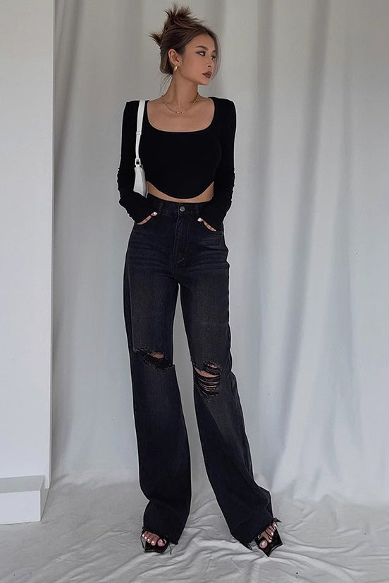 Ripped Pocket Side Straight Leg Jeans