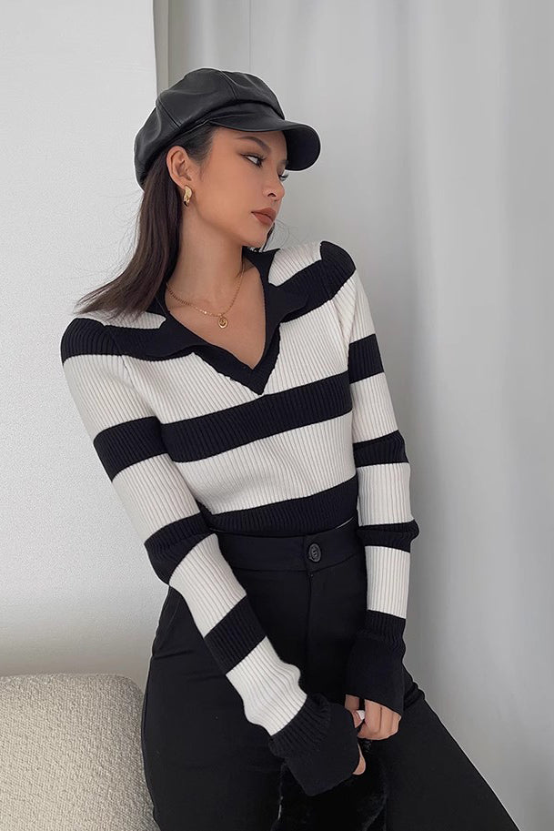 Striped Printed Ribbed Long Sleeve Sweater Sweatshirt