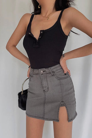 High Waist Split Hem Denim Skirt