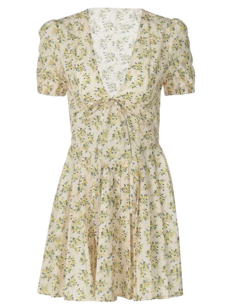 Vintage Floral Print Pleated Cotton Mini Dress