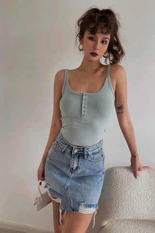 Ribbed Fitted Button Crop Tank Top