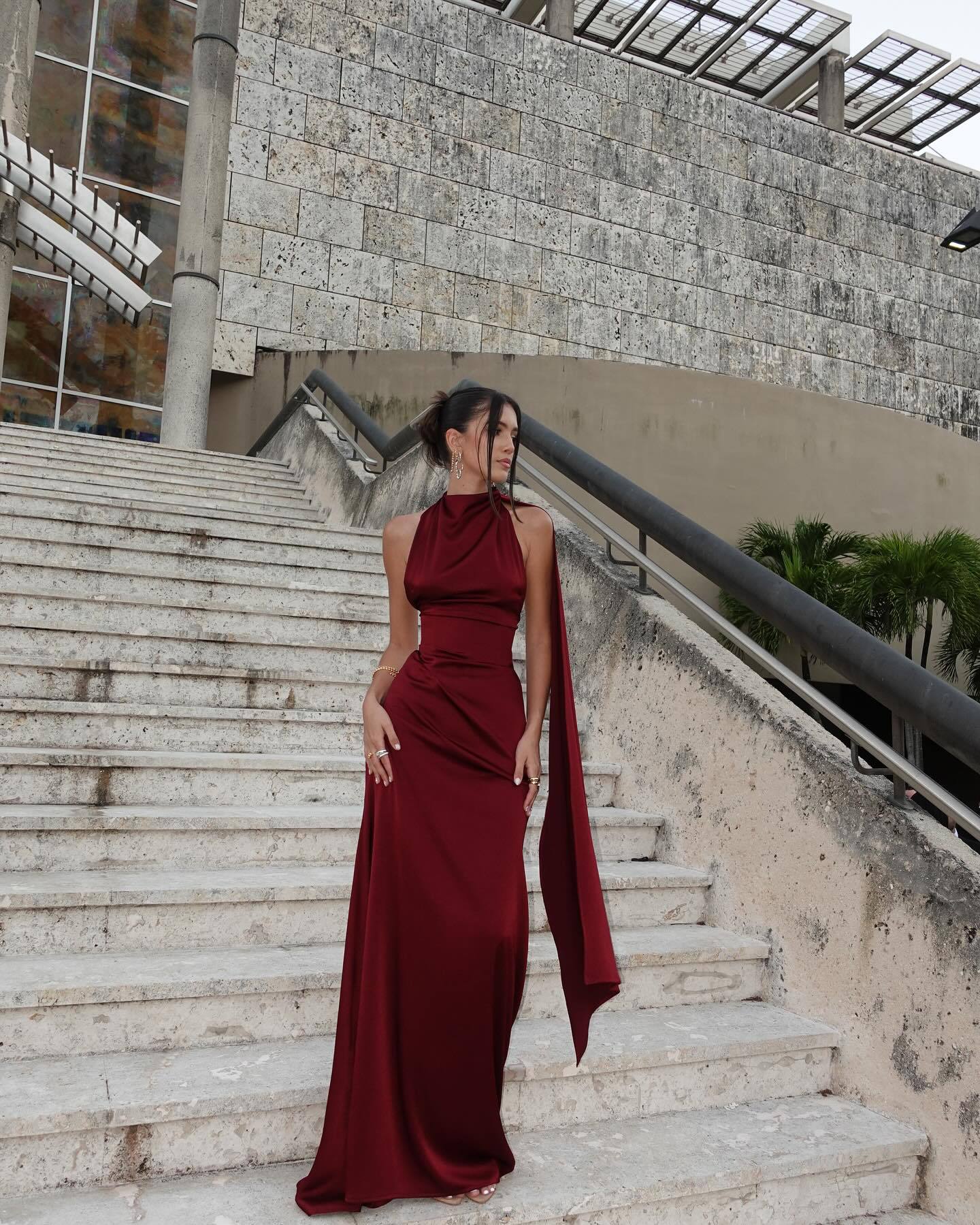 Halter neck satin elegant party dress