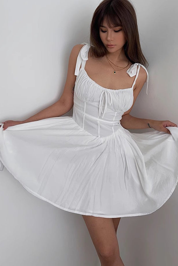 Lace Up Pleated Ruffle Hem Dress