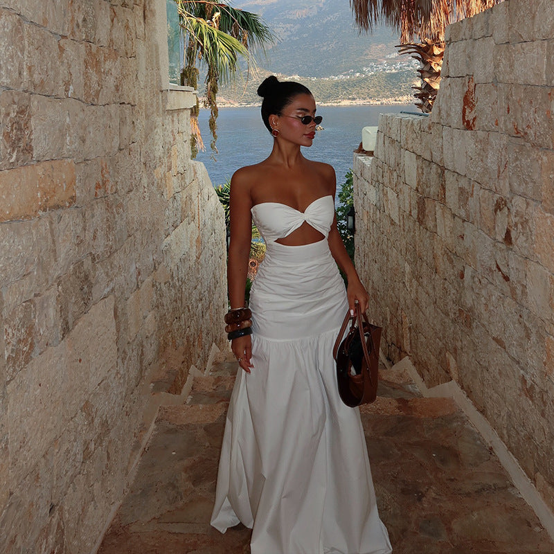 Beach style holiday tube top hollow dress