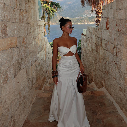 Beach style holiday tube top hollow dress
