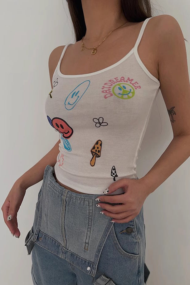 Kurzarm-Tanktops mit Musterdruck, figurbetonte Basic-Cami-T-Shirts