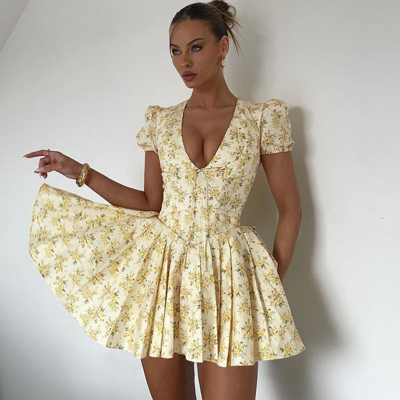 Vintage Floral Print Pleated Cotton Mini Dress