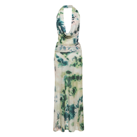 Solid-Color Halter Dress With Hollowed-Out Crop Tops