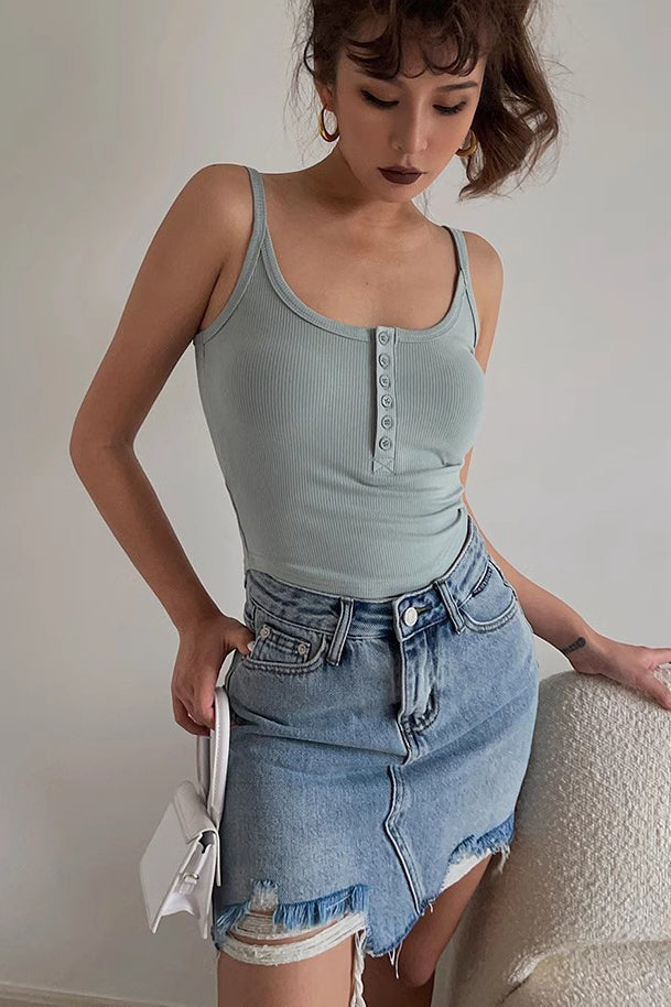 Ribbed Fitted Button Crop Tank Top