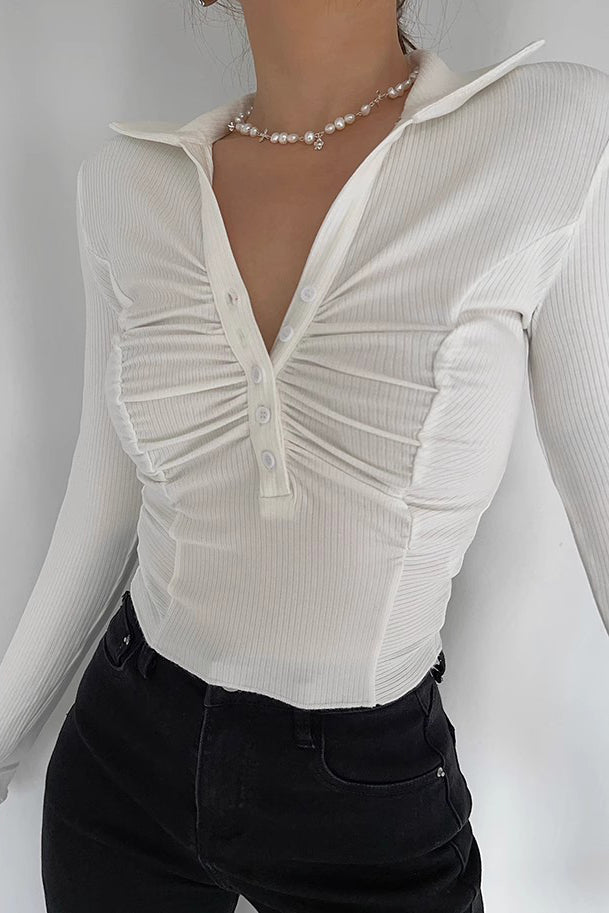 Ribbed Buttoned Front Crisscross T-Shirt