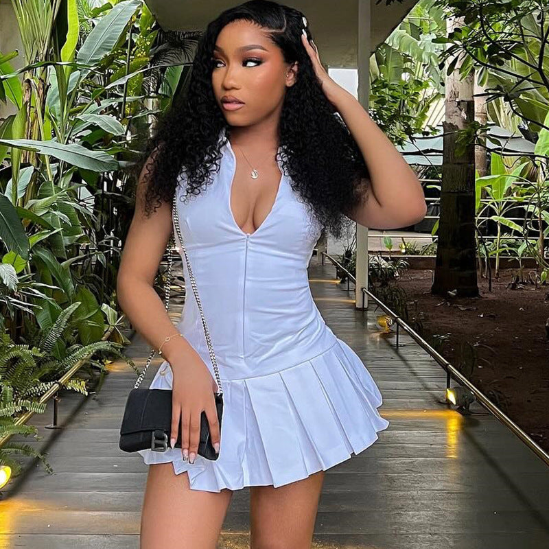 Solid Color Sleeveless Lapel Zipper Dress