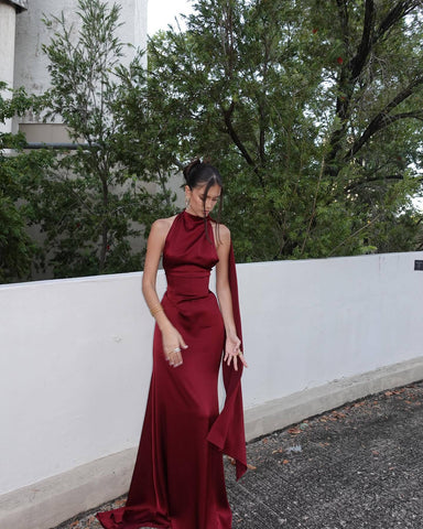 Halter neck satin elegant party dress