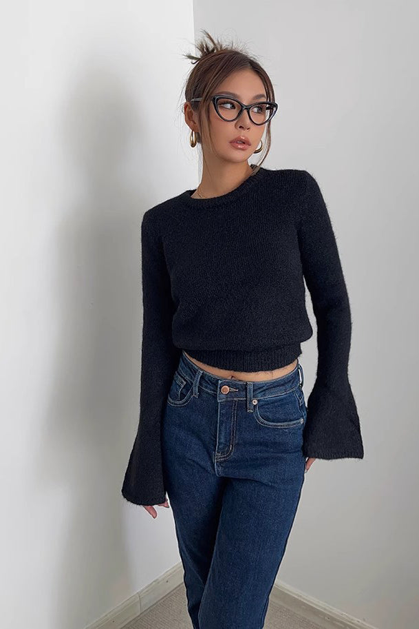 Rib-knit Long Sleeve Solid Sweater