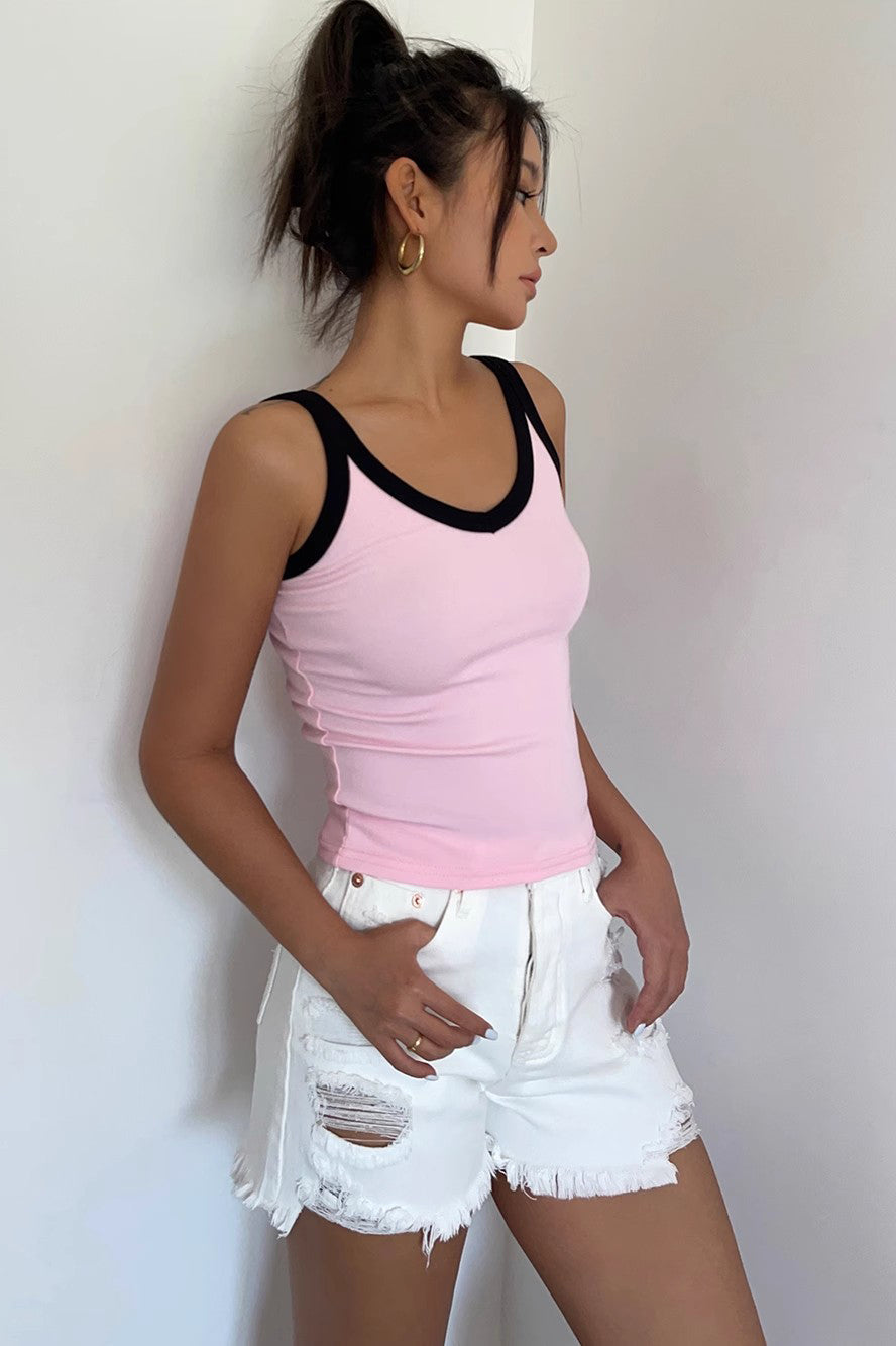 Ärmelloses Tanktop mit Kontrastbesatz, tailliertes Cami-T-Shirt