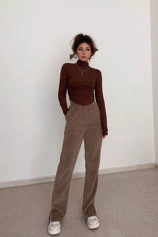 Nature High Waist Rib-knit Split Hem Pants