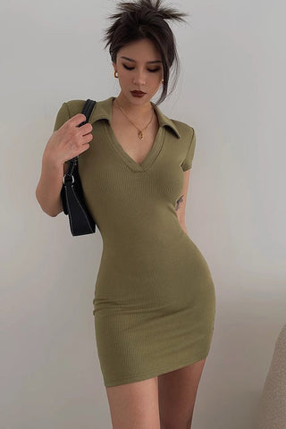 Sexy Wrap V Neck Ribbed Bodycon Dress